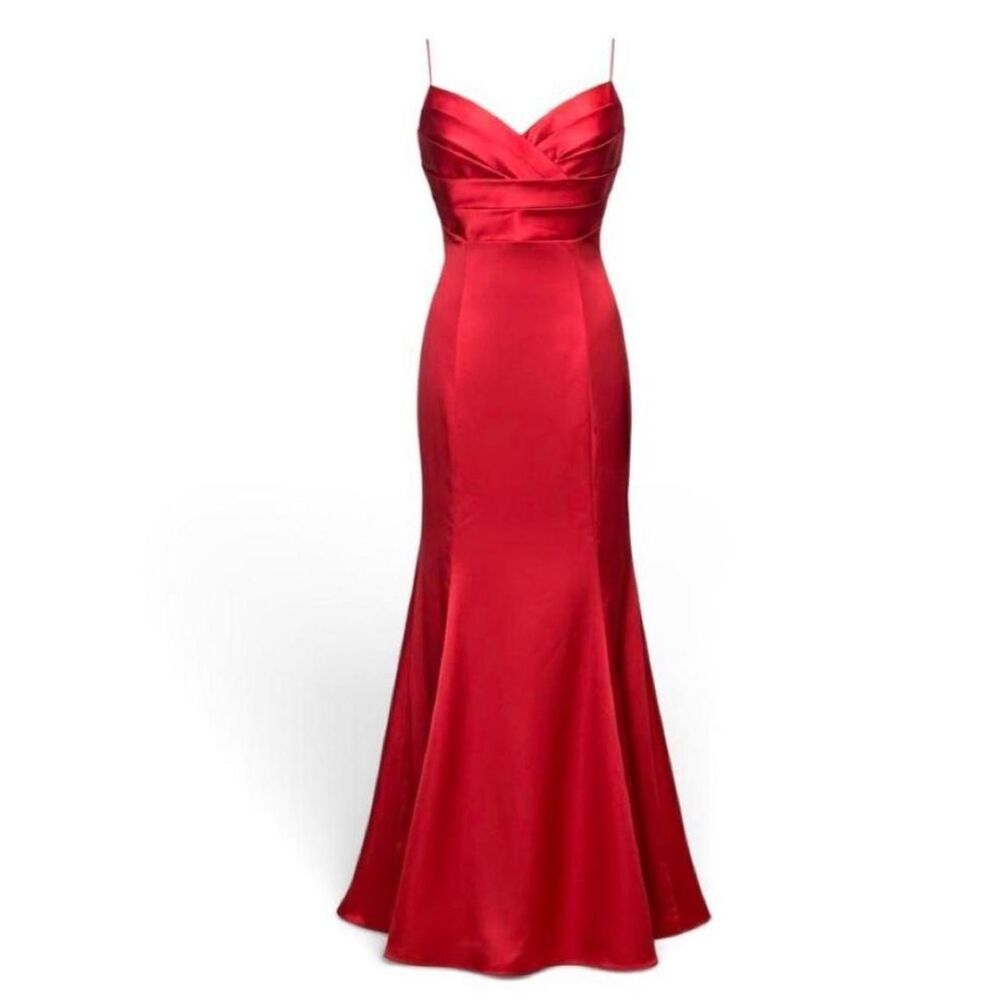 2000s David’s Bridal Style 81509 Ruby Red Satin Mermaid Formal Gown sz 8